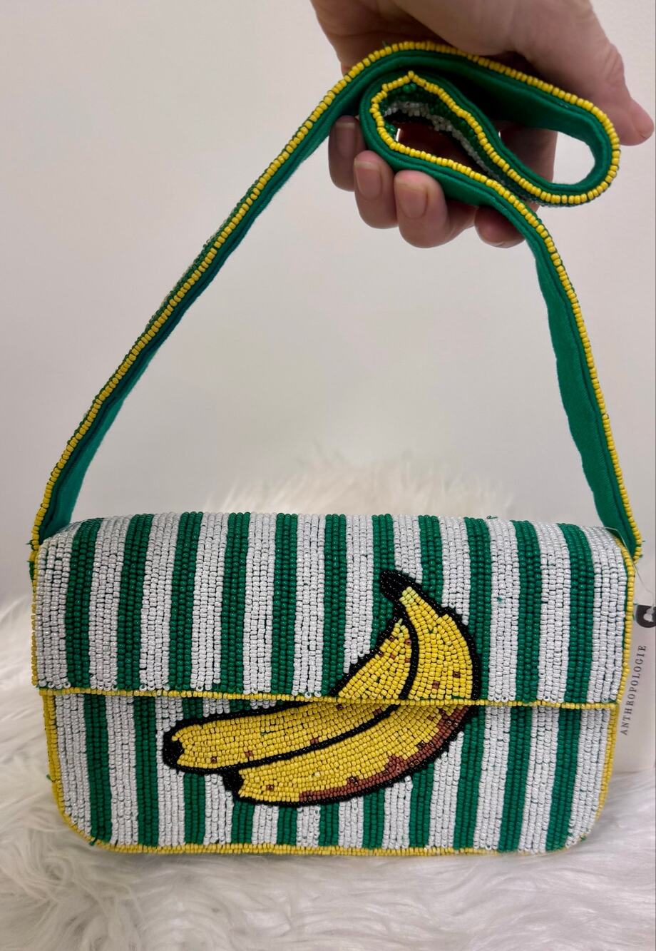 Anthropologie Fiona Beaded Bag Banana Fruit Green Stripe Food Drink Edition NEW
